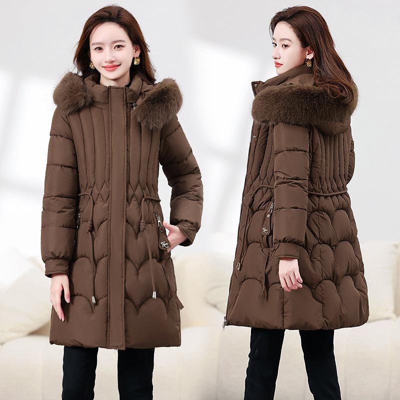 

New winter long women s slim-fitting cotton-padded clothes, thin waist thickened cotton-padded clothes, fur collar cotton-padded jacket, women s 2XL recommends 135-77.5 kg кофейный