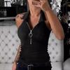 2024 Spring/Summer Women's Solid Color Ribbed Zip-Up Vest, Casual Fashion T-Shirt