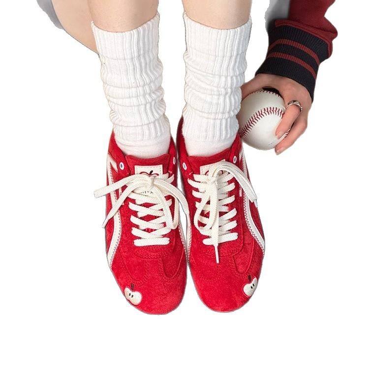 Red German training shoes women's 2025 new spring casual sports shoes retro flat-bottomed versatile soft-soled color matching Forrest Gump shoes