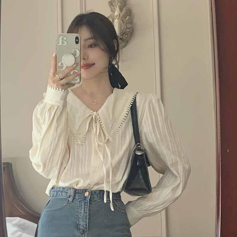 Doll-neck Shirt Women's Long-sleeved Spring and Autumn Design Shirt French Chic Top