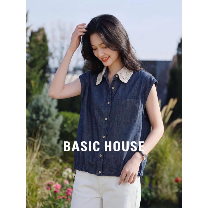 Basic House Women s Lace Denim Sleeveless Shirt M