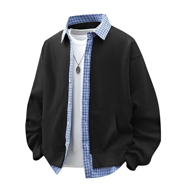 Men's Faux Two-Piece Plaid Patchwork Sweatshirt Jacket