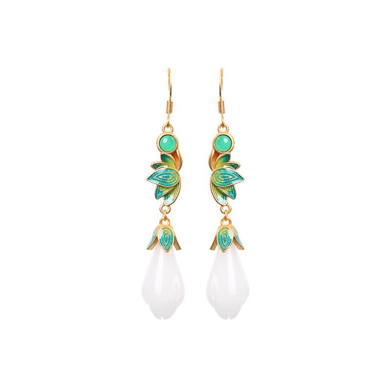 Magnolia Imitation White Jade Enamel Earrings – Retro Chinese Court Style