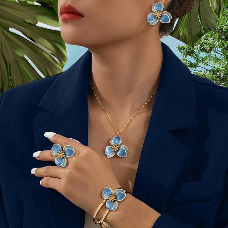 Set of luxury oil dripping flower stud earrings necklace bracelet ring four-piece set of sweet temperament high-end light luxury