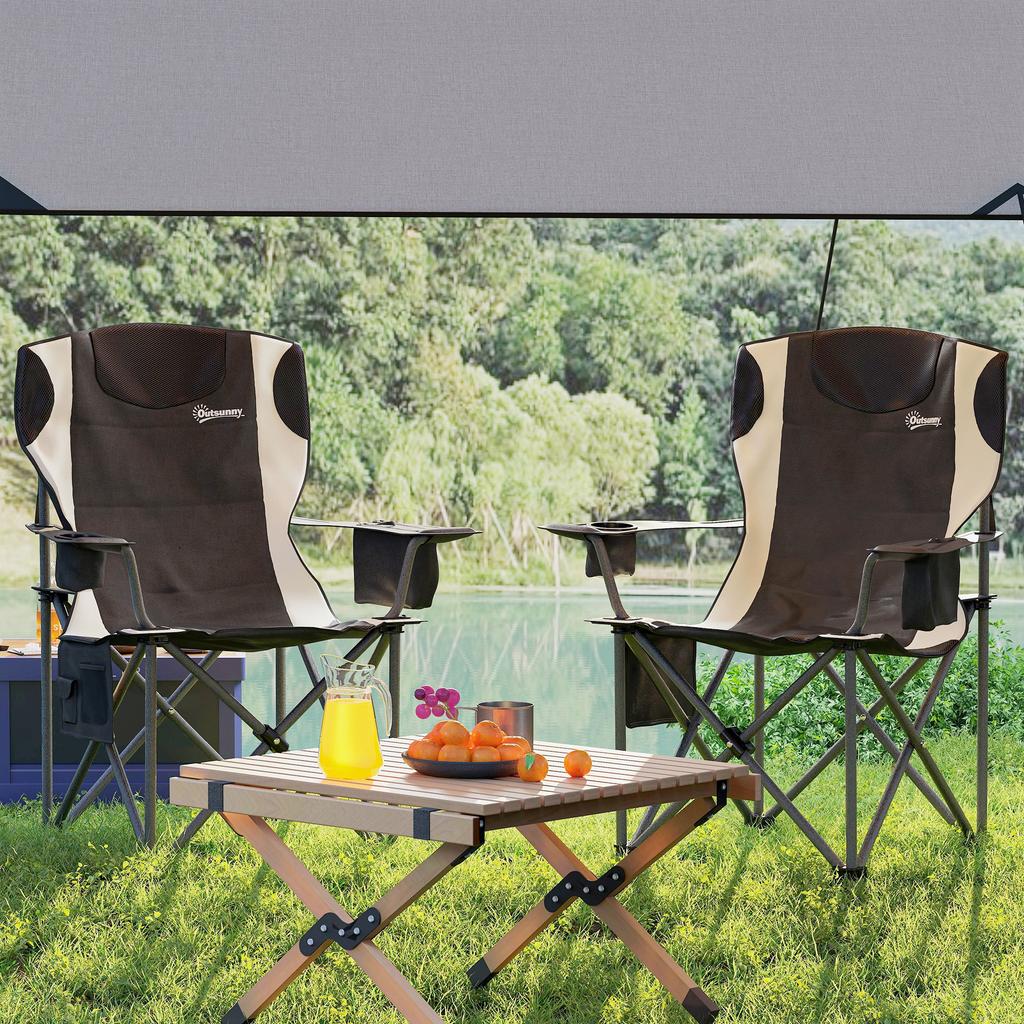 Set of 2 Folding Camping Chairs, Padded Camping Chairs with Adjustable Armrests, Portable & Lightweight Folding Camp Chair with Cooler Bag