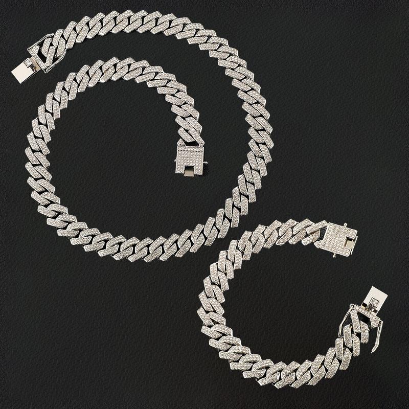 

Hip Hop 13MM Cuban Link Chain 2 Row Iced Out Men s Necklace Rhinestone Zircon Paved Necklaces For Men Women Jewelry