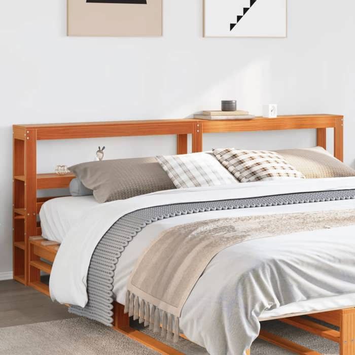 VidaXL Tête de lit avec étagères marron cire 200 cm bois massif de pin, tête de lit en bois, tête de lit avec rangement, 850874
