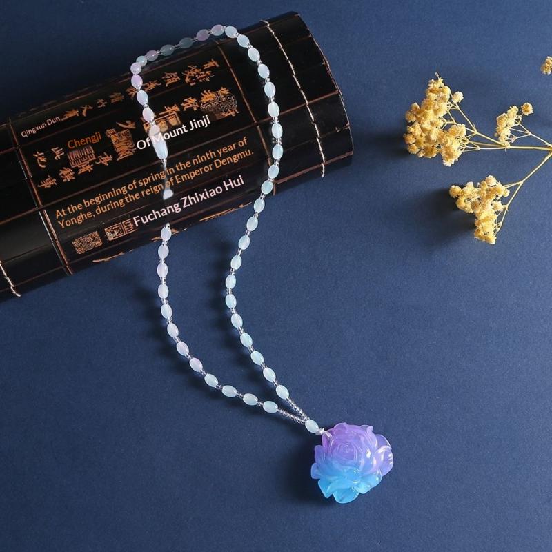 Amber Beeswax Gradient Purple-Blue Necklace Water Drop Flowers Pendent Necklace For Women Unisex Beaded Pendant Ornaments Gift