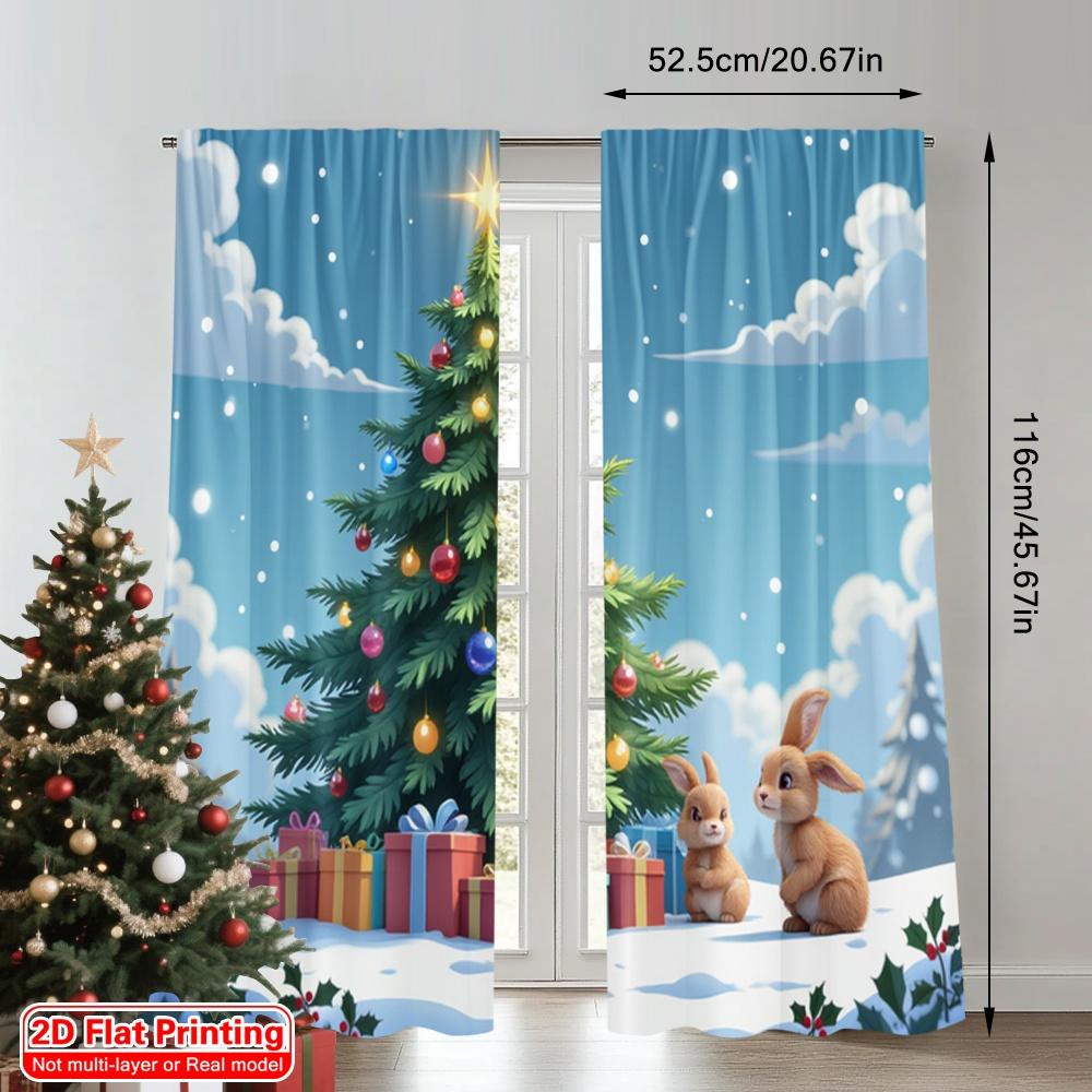 2 Stück 2D Flachdruck Frohe Weihnachten Fenster Vorhänge Niedlicher Hase Weihnachtsbaum Geschenke Stoff Ohne Strom Festliche Vorhänge