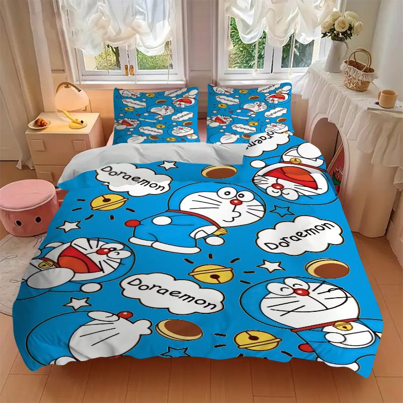 Doraemon Abenteuer Druck 3-teiliges Bettwäsche-Set Bettbezug mit 2 Kissenbezügen Zuhause Geburtstagsgeschenk
