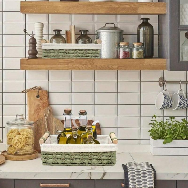 Set Of 2 Storage Basket Wicker Baskets For Organizing With Handle Decorative Storage Bins For Countertop Toilet Paper Storage