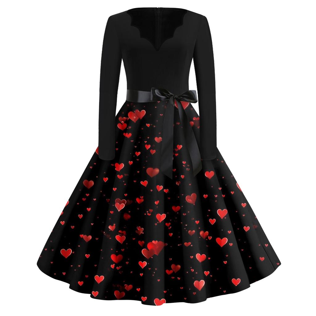 Print Flare Dress For Women Long Sleeve Dress Hollow Party Casual Dresses