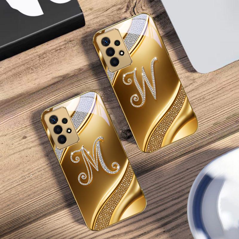 Gorgeous Letters "M W" For Samsung A73 A72 A71 A42 A56 A55 A54 A53 A52s A52 A51 A36 A35 A34 A33 A32 A16 Golden Glass Phone Case