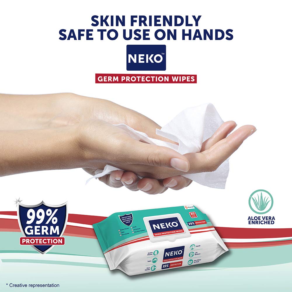 Neko Multi-Purpose Germ Protection Wipes 80 Large Wet Wipes Pack with Aloe Vera for Cleaning Surfaces