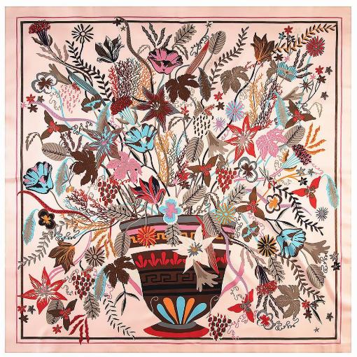 New Brand Bandana Shawl 100% Twill Silk Scarf 130cm Square Scarves Plant Vase Print Kerchief Woman Headband Hijab Scarf&Wraps