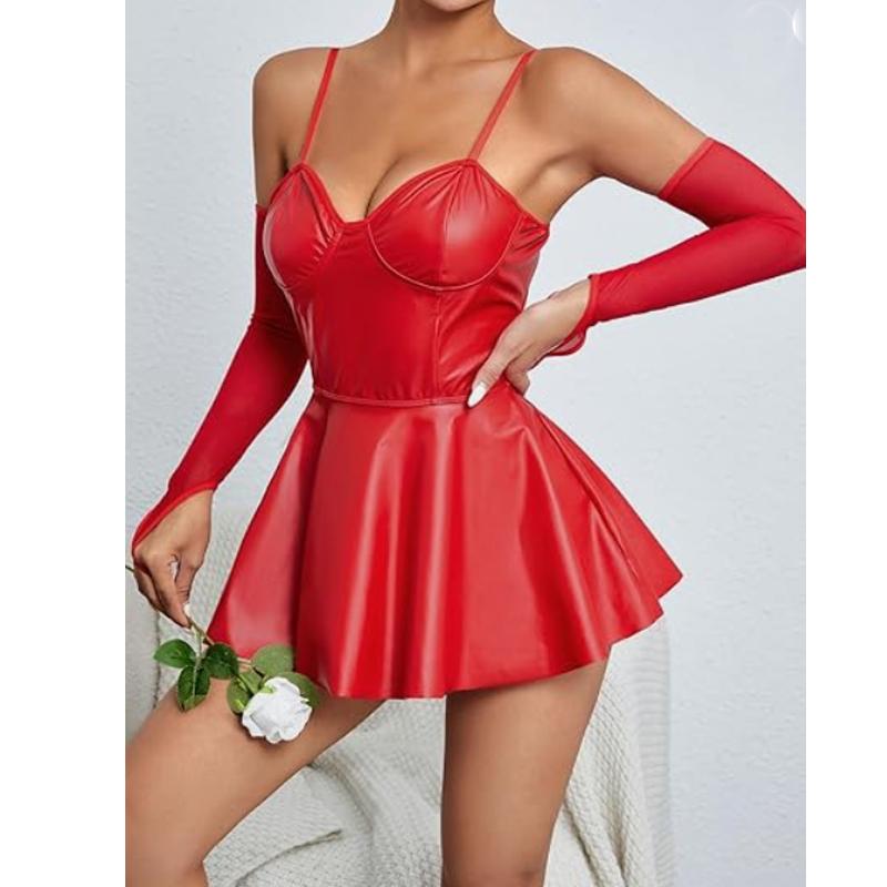 Plus Size Women Sexy Lingerie Wetlook Leather Dress Straps Shiny Latex Erotic Dress Push Up Bra Bag Hip Skirt Babydolls Clubwear