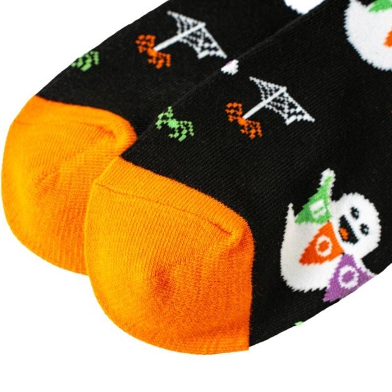 Halloween Themed Cotton Socks Elastic Cuffs Breathable Fabric Practical Wear Festive Ghosty Pumpkin Patterns