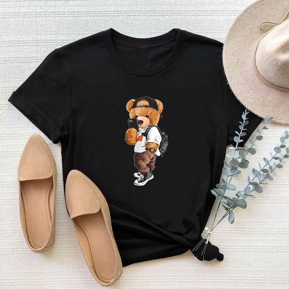 

Жіноча чорна футболка з кумедним принтом із ведмедиком, літня літня футболка Y2K Harajuku, жіночий спортивний одяг, жіночий одяг L