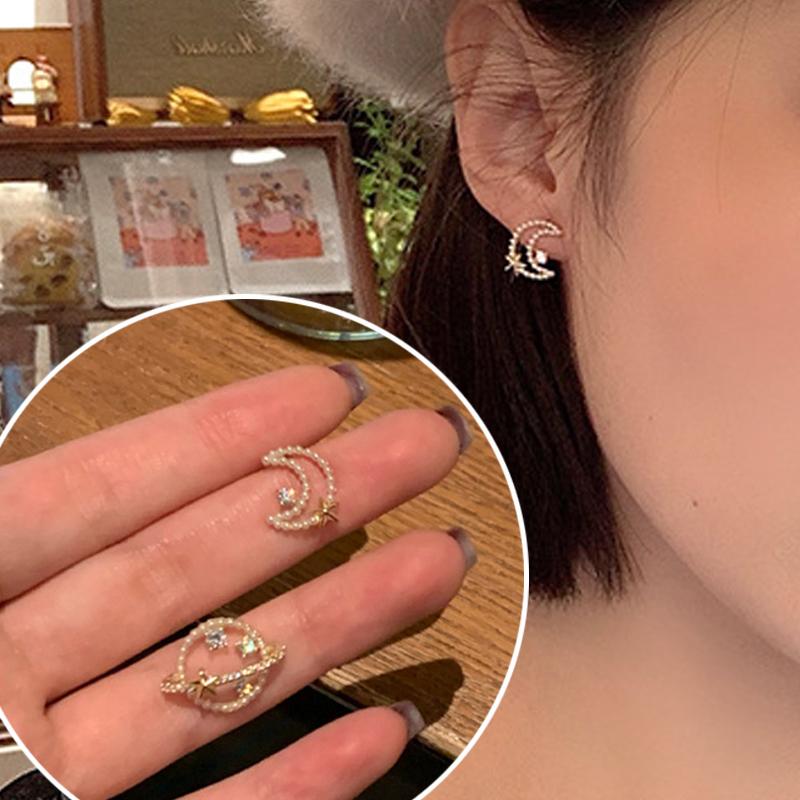 

Новые серьги со звездой и луной, корейская версия, асимметричные серьги с кристаллами, модные украшения