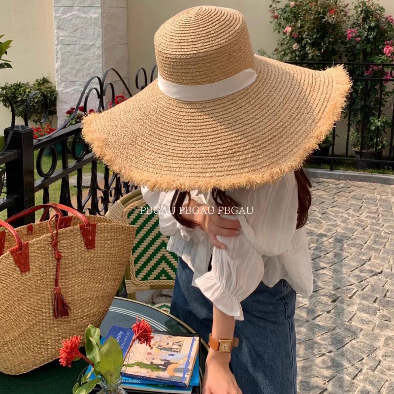 

French Wide Brim Straw Hat Handmade Raffia Sun Hat for Women Summer Beach Slouchy Raffia Floppy Hat UPF 50+ Protection One Size