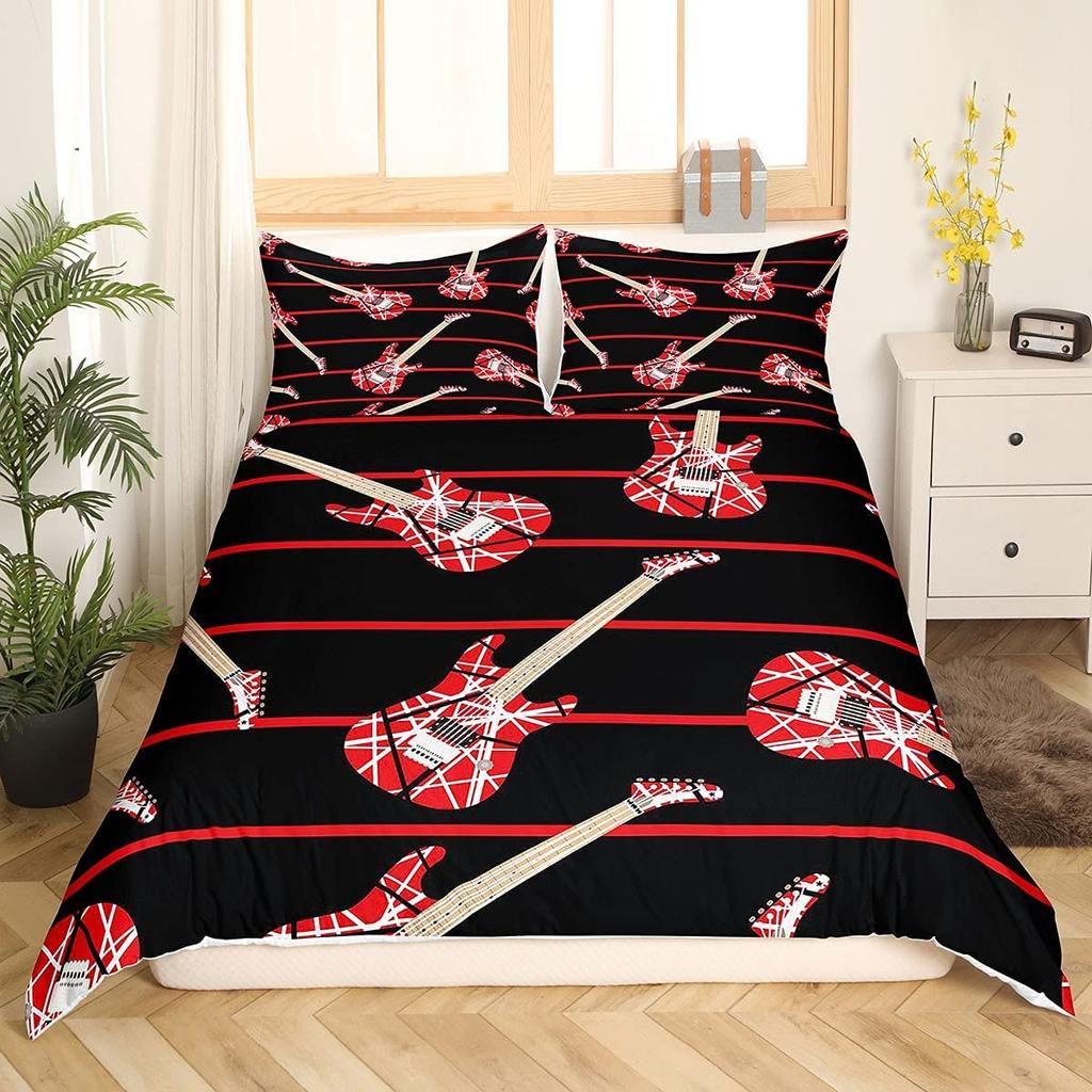 Guitar Duvet Cover Set King Queen Full Size Watercolour Style Polyester Comforter Cover For Kids Boys Girls Teens Bedding Set