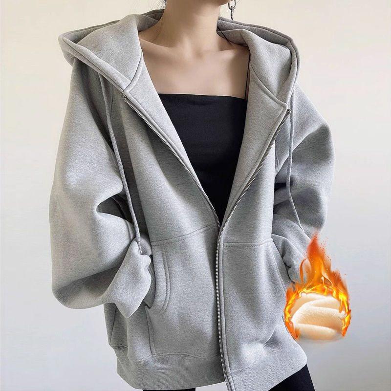 Women Autumn Winter Solid Color Cotton Hoodies Thin Velvet Oversize Zipper Pocket Fashion Coat Loose Drawstring Sweatshirts