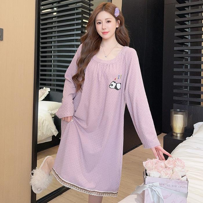Jacquard Sweet Princess Long Sleeve Mid-Length Lazy Sleepdress, Plus Size, Spring & Autumn