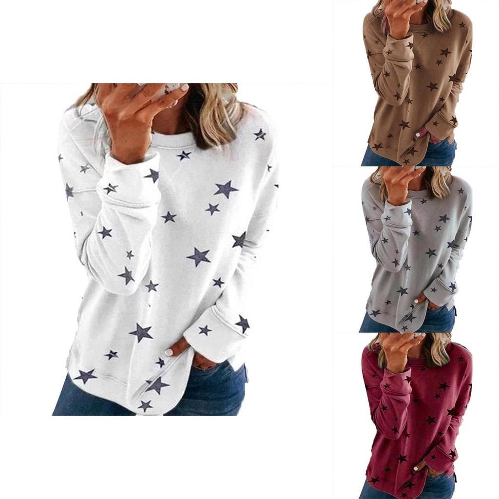 Women Casual Tunic Crew Neck Long Sleeve Star Print Tee Top Blouse For Daily Comfort And Style