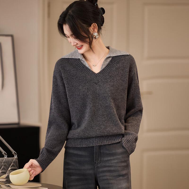 Srcr Women's 100% Merino Wool Faux Two-Piece Lapel Sweater