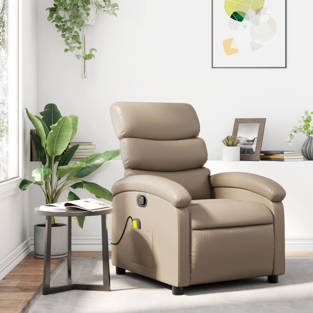 Vidaxl Sillón Reclinable Masajeador, Color Capuchino, Tapizado en Piel Sintética