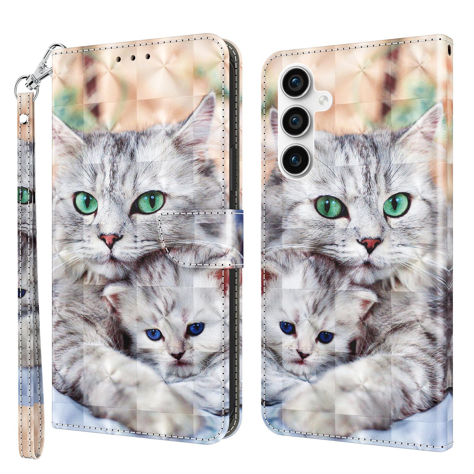 

For Samsung Galaxy S23 FE PU Leather Phone Case Wallet Stand 3D Pattern Printing Folio Cover with Strap Two Cats