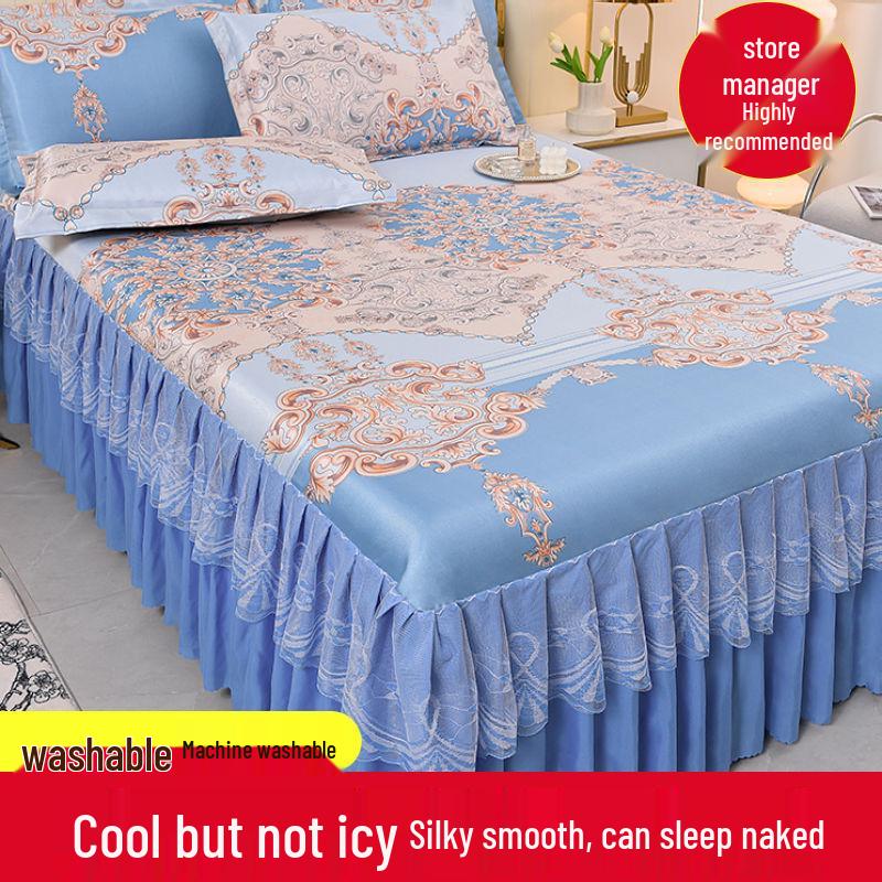 Ice Silk Lace Bed Skirt & Cool Mat Set - Breathable Rattan Design