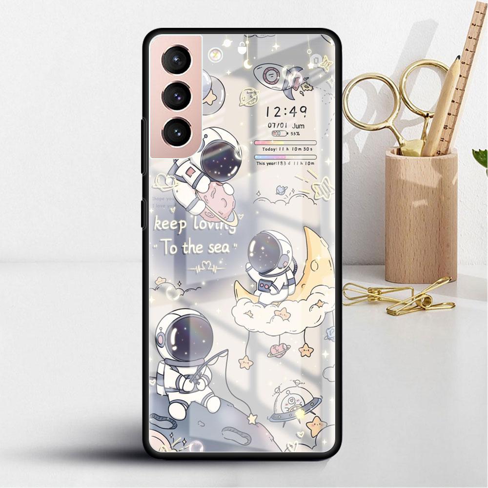 Glass Case For Samsung Galaxy S22 S20 FE S21 5G S10 S9 Plus Note 10 20 Lite Tempered Phone Cover Astronaut Cartoon