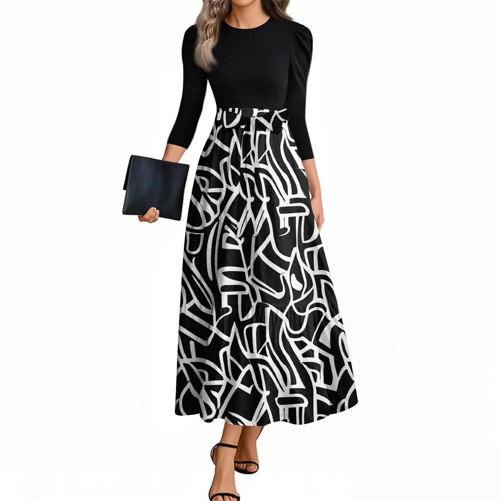 Damenmode Lässig Gürtel Dreiviertelarm Rundhals Floral Bedruckt Elegant Temperament Kleider