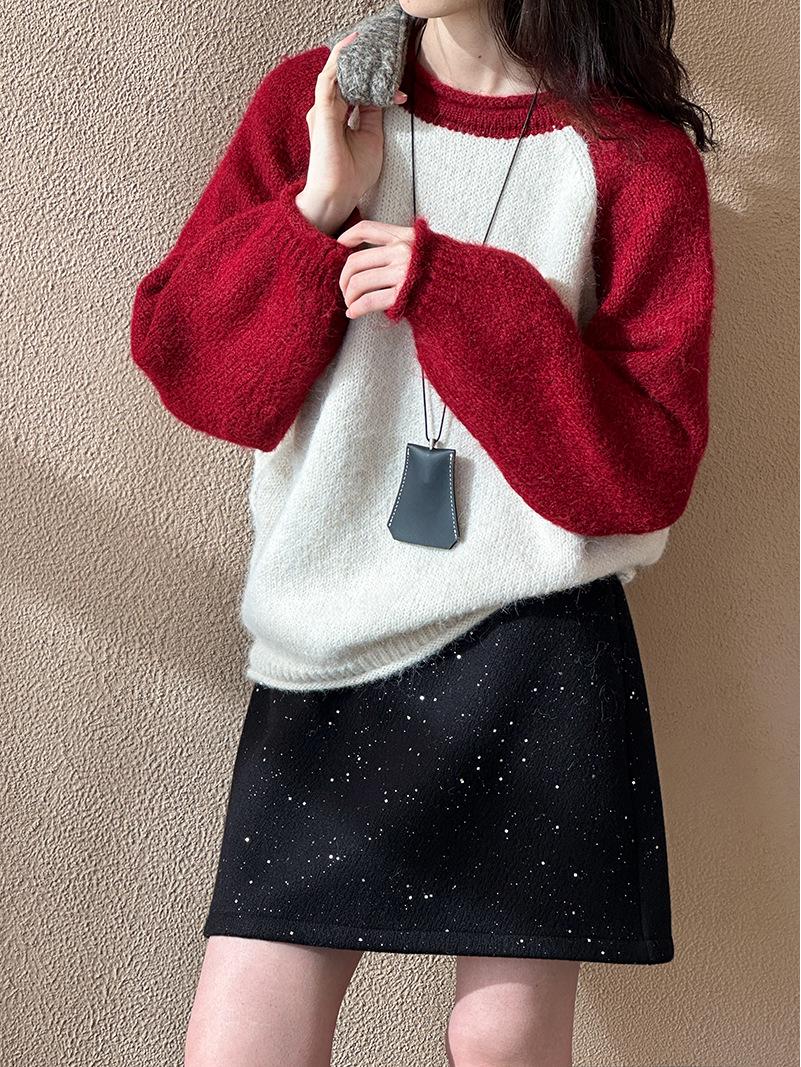 

Juzhi 2024 Осень/Зима Корейский Стиль Рукав Реглан Цвет Блок Свитер One Size