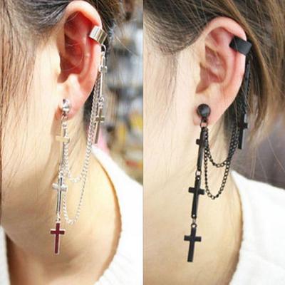 Gothic Punk Cross Long Tassel Chain Ear Cuff Stud Clip Earrings Fashion Jewelry AVE
