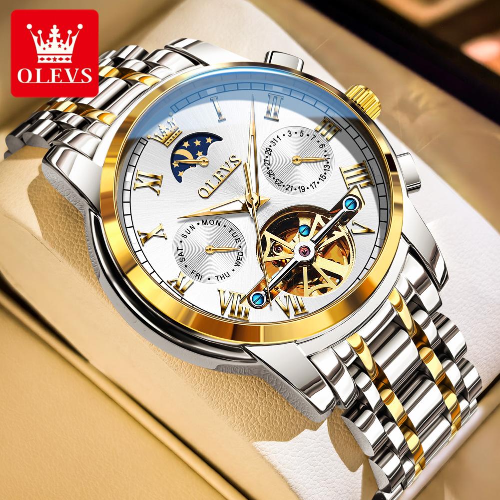 OLEVS Uhren Für Mann Mondphase Luxus Edelstahl Schwungrad Mechanische Handuhr Datum Wasserdicht Leuchtend Herrenuhr 6617