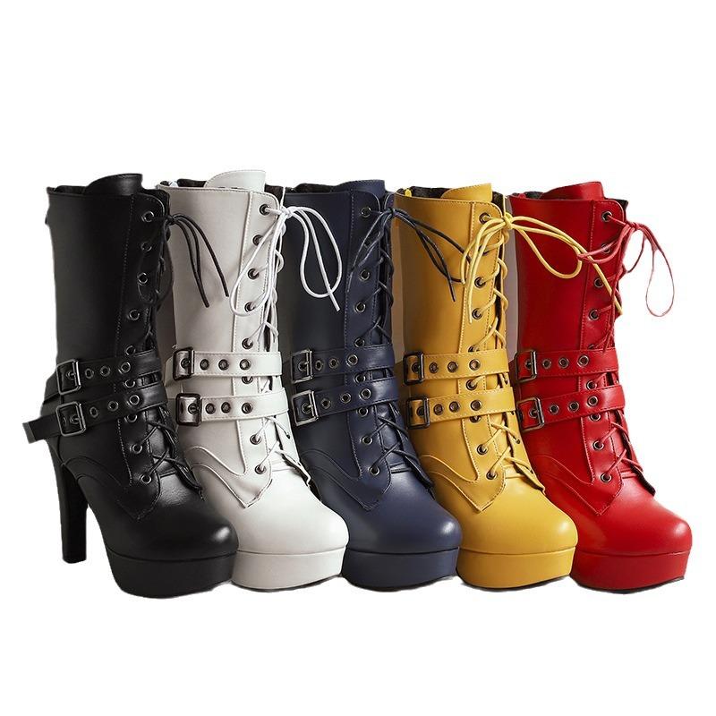 Women's Punk Style Lace-Up Mid-Calf Boot Belt Buckle Platform High Heel Short Boot Women White Round Toe 12cm Square Heel Shoes