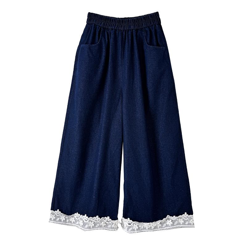 DIMANAF 2025 Summer Jeans Women Elastic Basic Long Pants Lace Denim Loose Wide Leg Pants Casual Blue Plus Size Pants