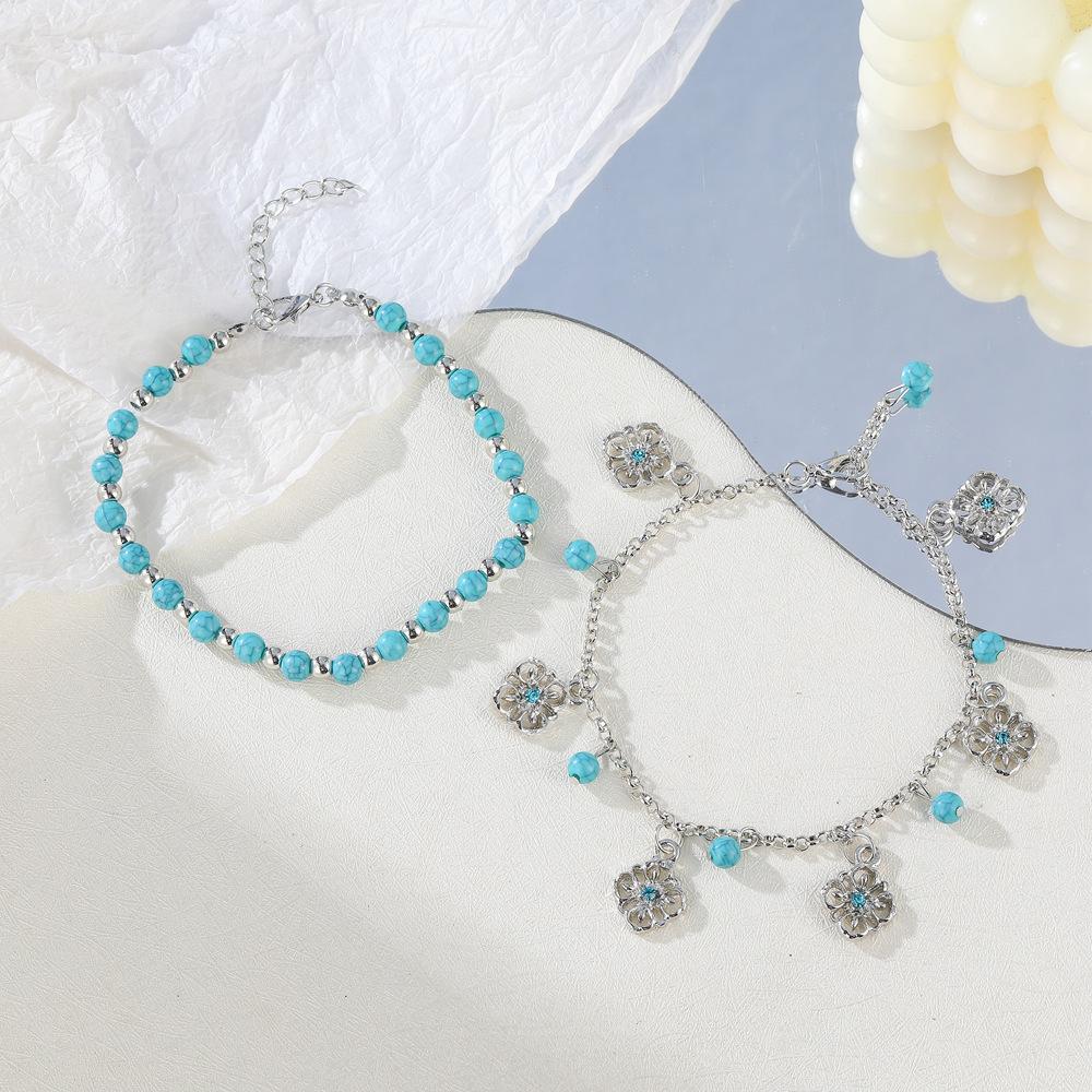 Vintage Böhmisches Türkis Perlen Graviert Hohl 2-teiliges Set Fußkettchen Fußdekoration