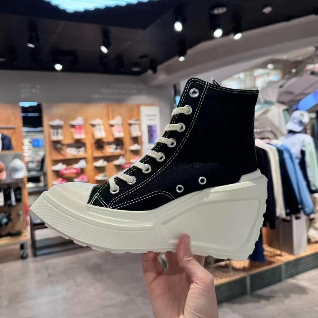 

Модные парусиновые туфли на высокой платформе для женщин 2025 с круглым носком на шнуровке, универсальные, увеличивающие рост, на толстой подошве, высокие 36 чёрный