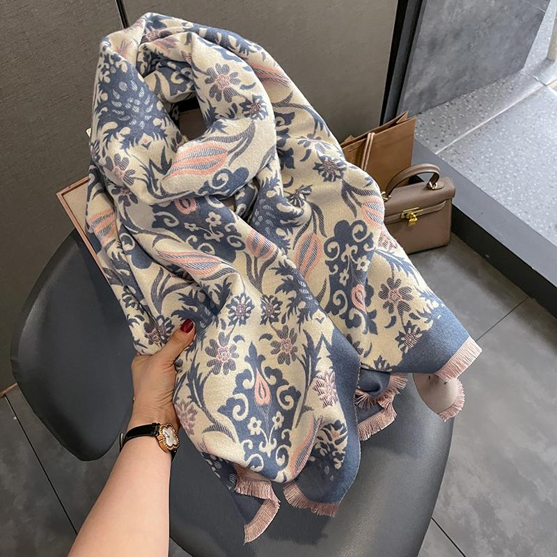 Thick Floral Print Cashmere Hijab Poncho Women Luxury Scarf Warm Pashmina Travel Blanket Shawl Wraps Bufanda Design Echarpe