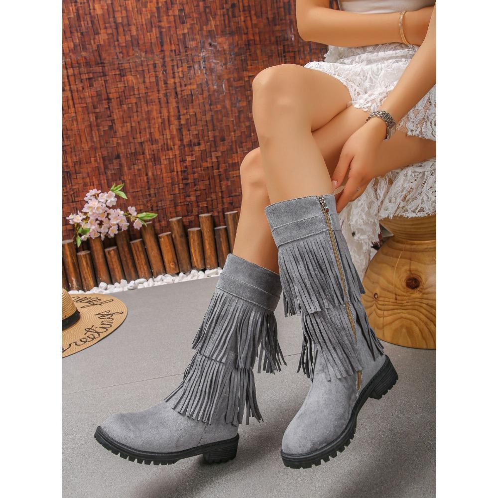 Dámské semišové boty s dvojitým třásněm, kotníkové boty na robustním středním podpatku se zipem na boku a kulatou špičkou, široké lýtko, nadměrné velikosti, dlouhé boty na podzim/zimu