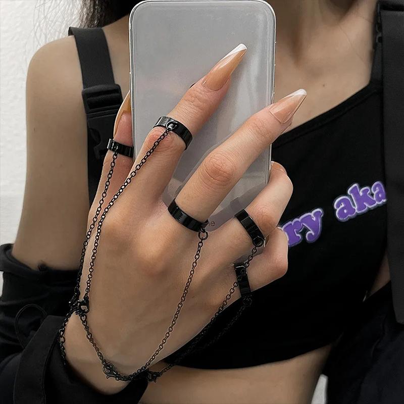 Punk Geometric Black Color Chain Wrist Bracelet Ring For Women Men Open Ring Copper Link Chain Girls Cool Design Fashion Jewelry