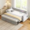 Canapea extensibilă tapițată, 90/180*190 cm, Cotiere mai late, Sistem stereo Bluetooth, Încărcare USB, Compartimente de depozitare, Cadru cu lamele, Material catifea, Gri deschis