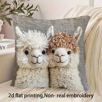 2D Flat,Adorable Alpaca Couple Print Pillow Cover  Non-Real Embroidery,Bedroom Accent, Playful Design