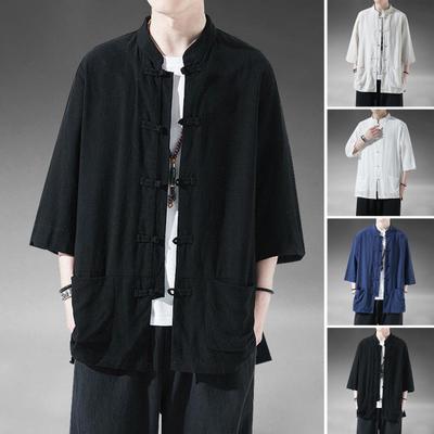 Men's Chinese Style Shirt Loose Retro Button-down Shirt with Pockets Cotton Linen