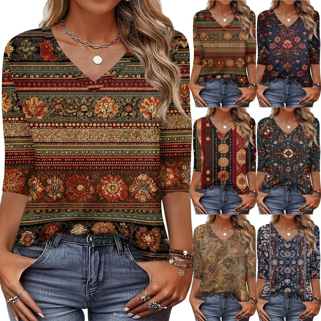 Women's T Shirt Print 3/4 Sleeve Daily Weekend Fashion Basic V- Neck Regular Top