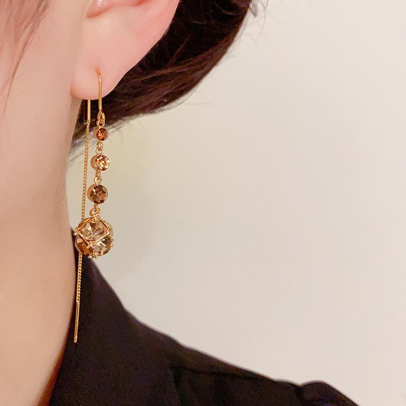 Zircon Diamond Tassel Earrings: Elegant Coffee Color Long Design for a Slim, Exquisite Look