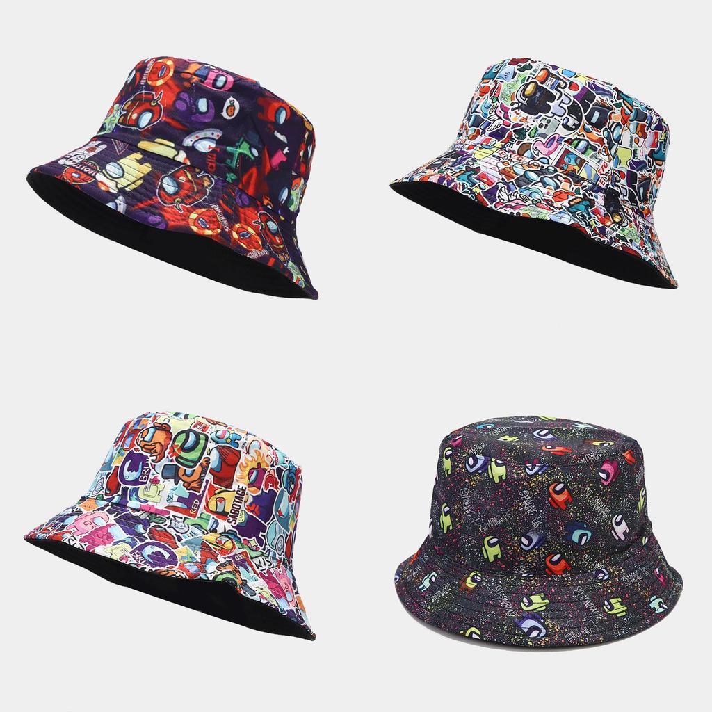 Cartoon Anime Fishman Flat Top Bucket Hat With Breathable Cotton For Spring Summer Casual Wear